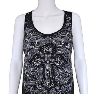 Maurices black Y2K tank top with a gothic cross patch and lace racerback detail